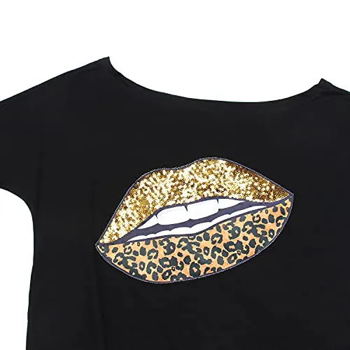 Off The Shoulder Tops for Women Sexy Long Sleeves Gold Sequin Leopard Lips Shirt Tops Black S