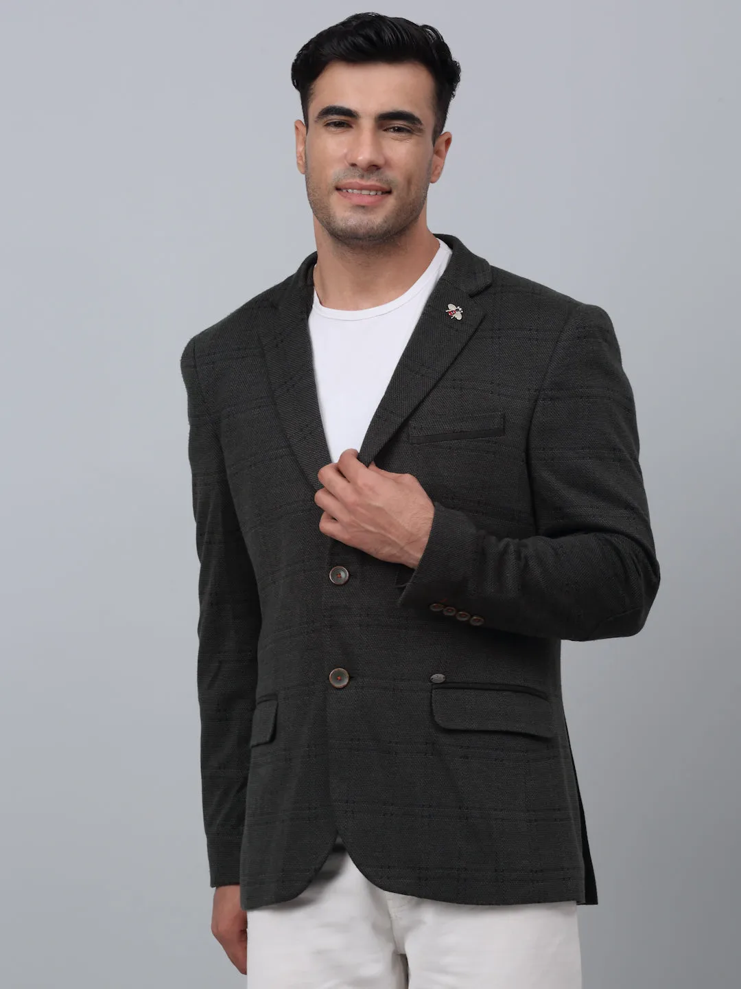 Olive Checkered Full Sleeves Casual Blazer For Men