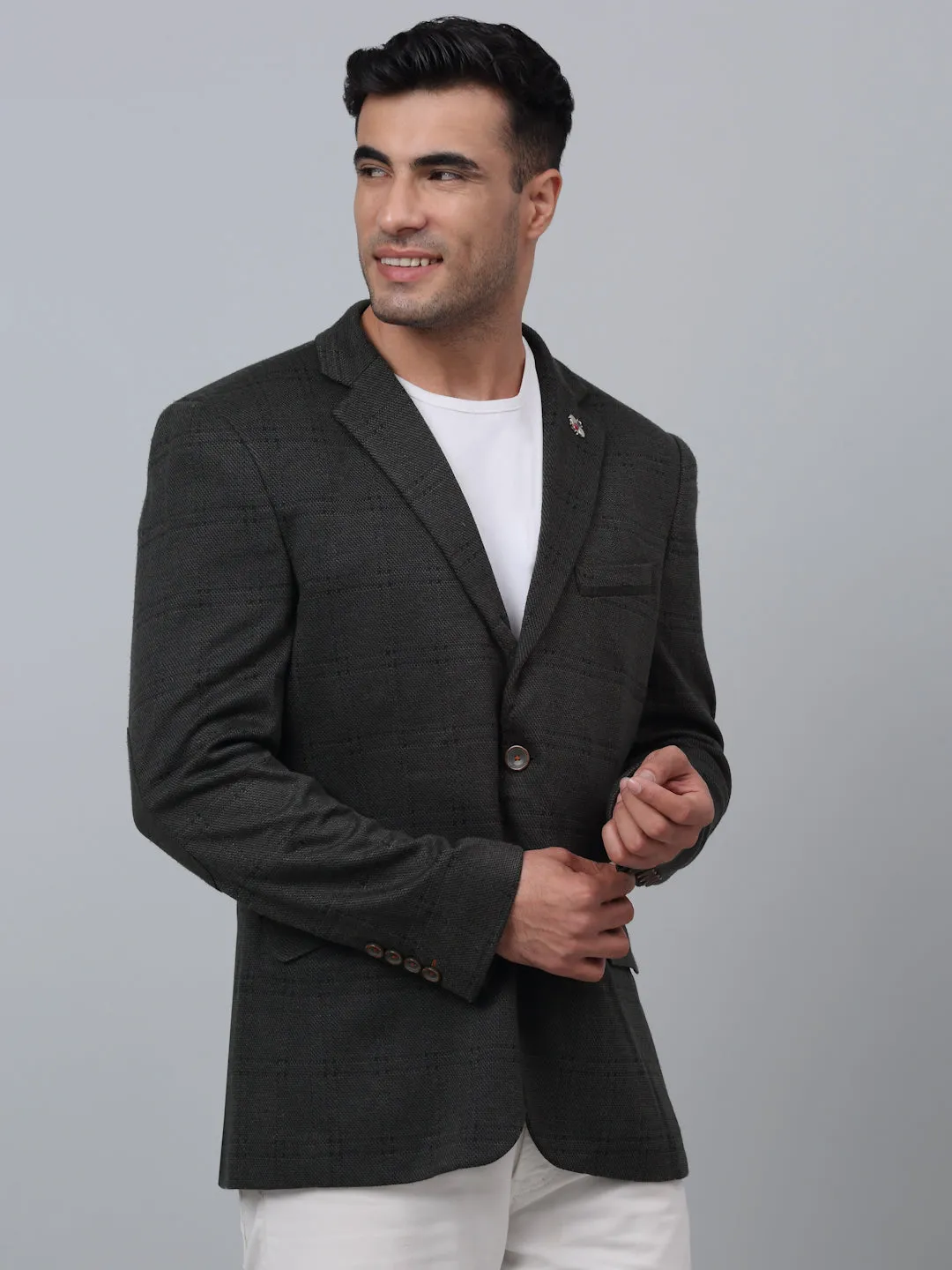 Olive Checkered Full Sleeves Casual Blazer For Men