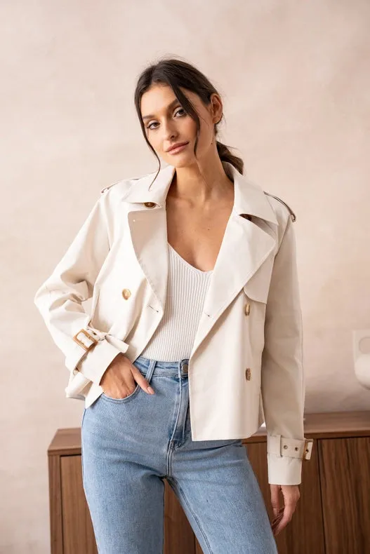 Plain Cropped Cotton Trench Coat White