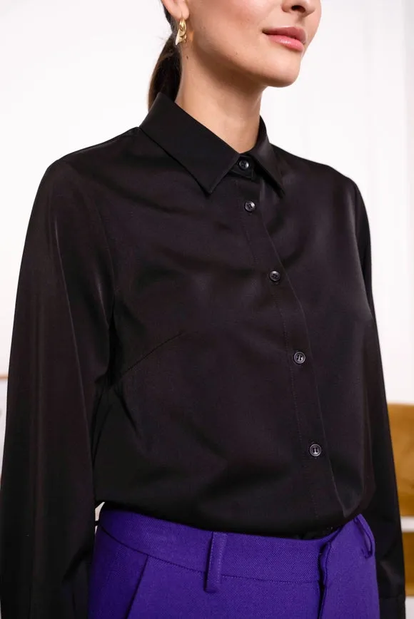 Plain Satin Shirt with Lapel Colla Black