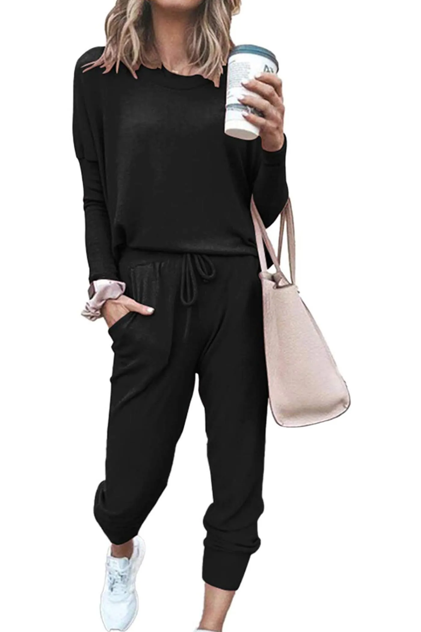 PRETTYGARDEN Women's Fall 2 Piece Lounge Outfit Long Sleeve Crewneck Pullover Tops High Waisted Pants Set Tracksuit (Black,Medium)