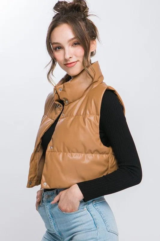 PU Faux Leather Puffer Vest With Snap Button