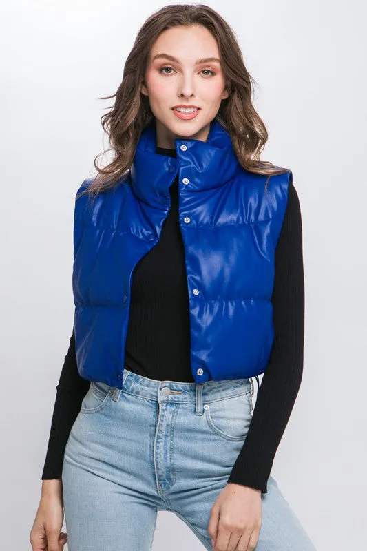 PU Faux Leather puffer West With Snap Button