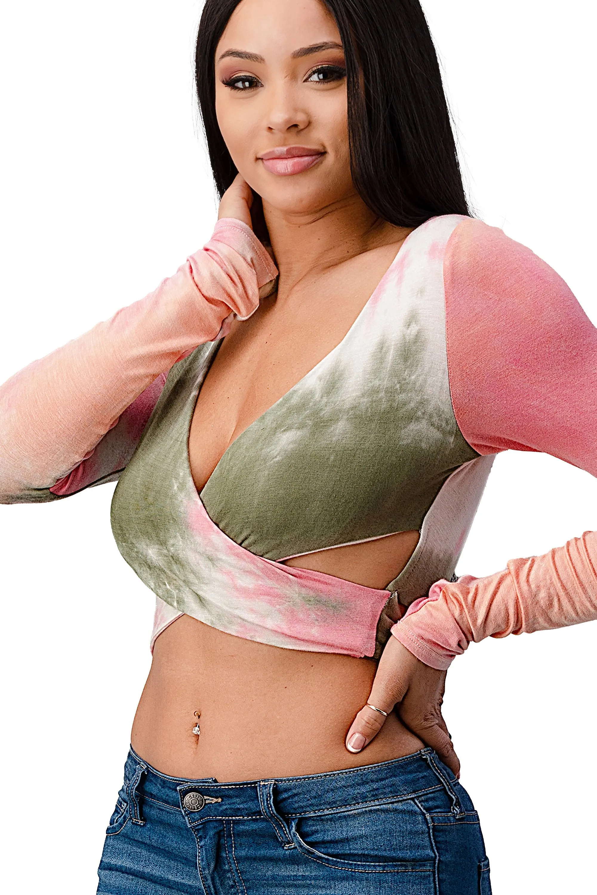 Rayon Tie Dye Surplice Tie Back Crop Top