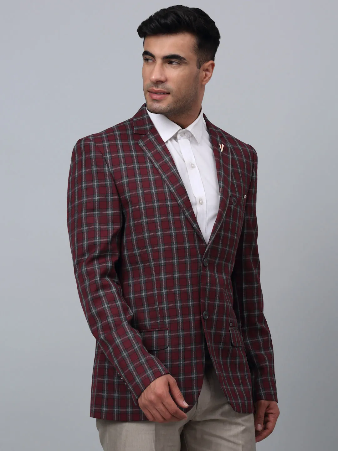 Red Checkered Full Sleeves Formal Blazer For Men