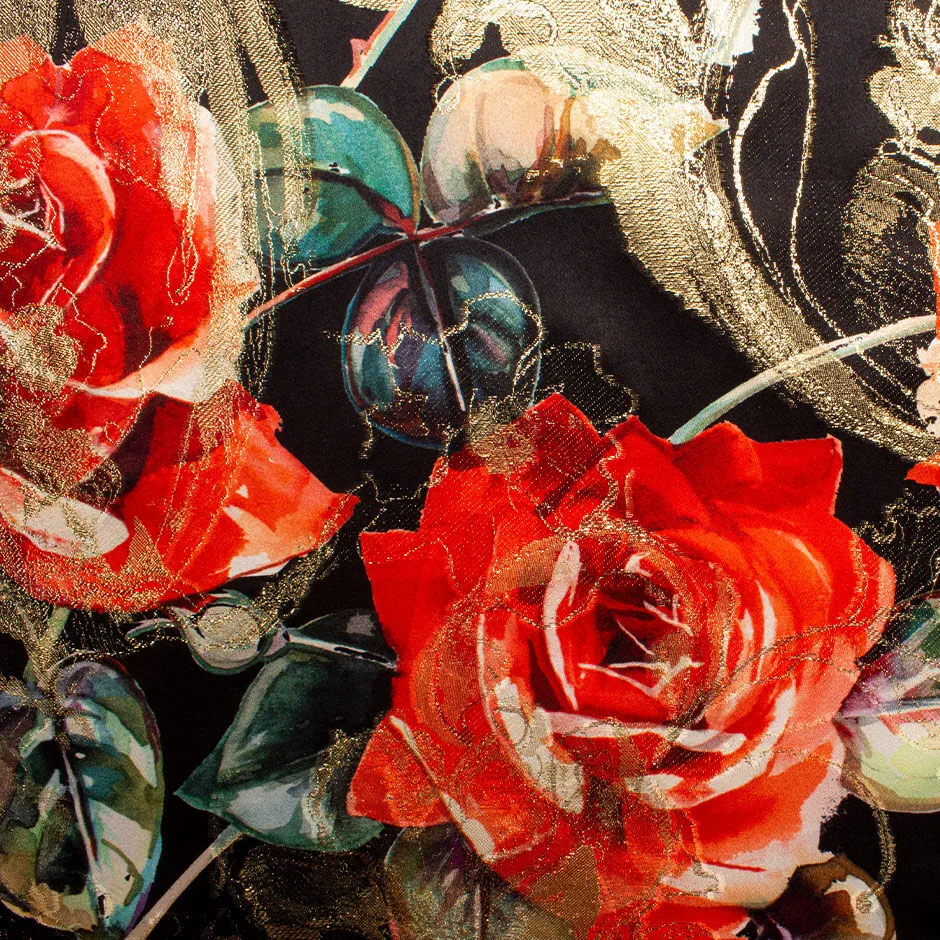 Red Rose Printed Metallic Black Silk Satin