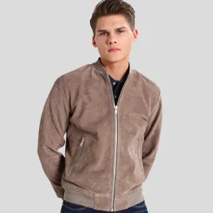 Rolf Grey Suede Bomber Leather Jacket for Men