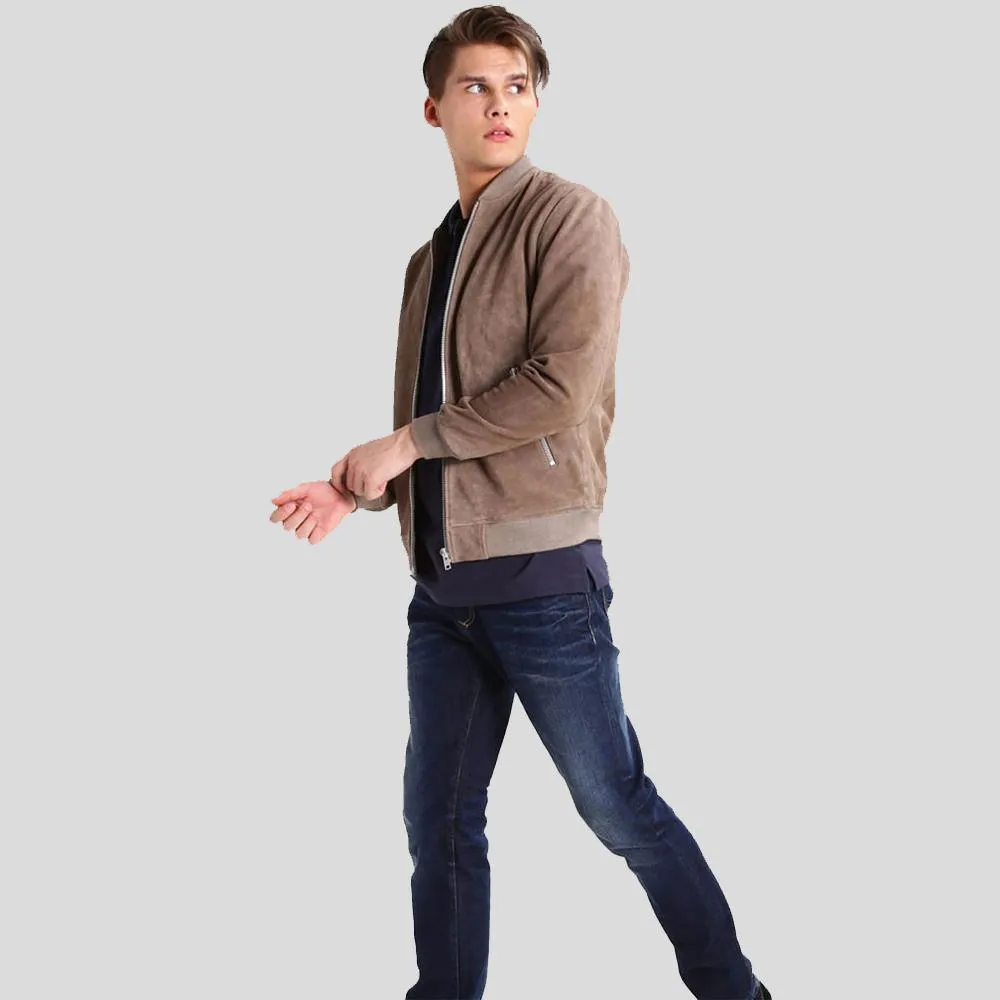 Rolf Grey Suede Bomber Leather Jacket for Men