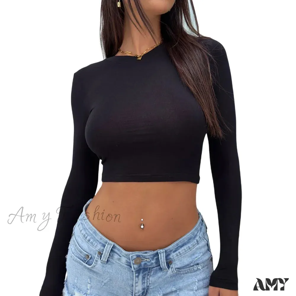 Round Neck Basic Long Sleeve Slim Fit Breathable Summer Streetwear Crop Top