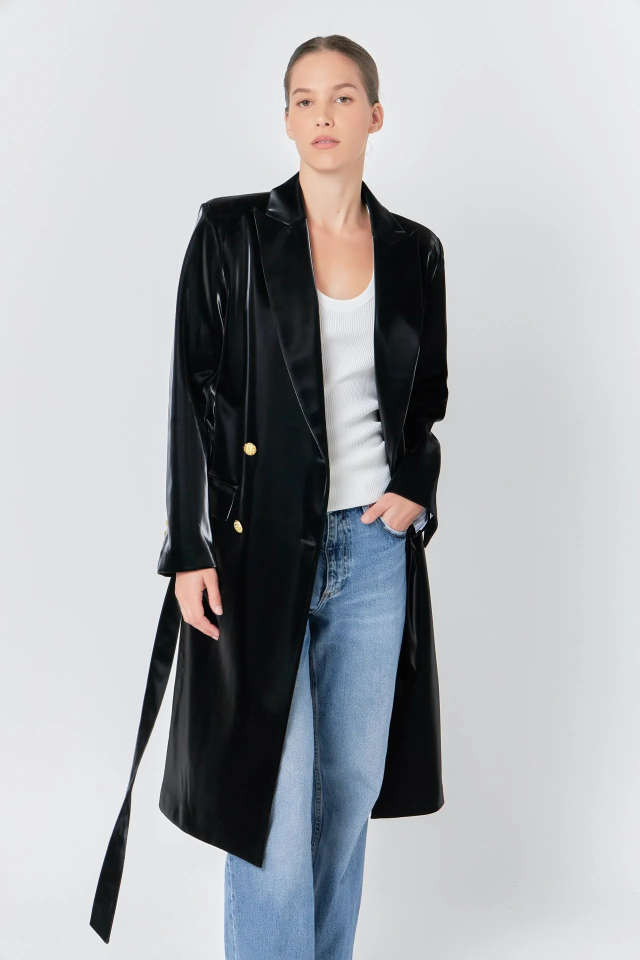 Shiny Faux Leather Trench Coat