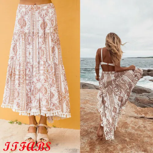 Tassel Floral Printed Maxi Flare Skirt