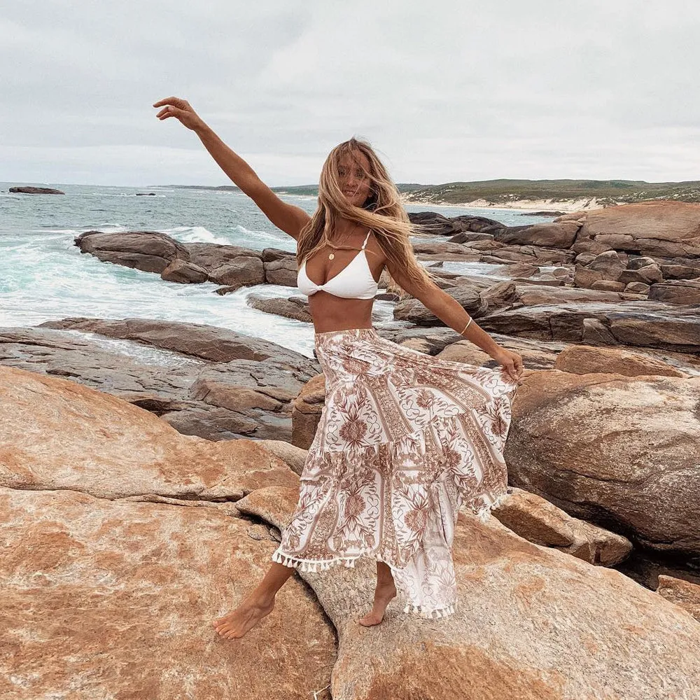 Tassel Floral Printed Maxi Flare Skirt