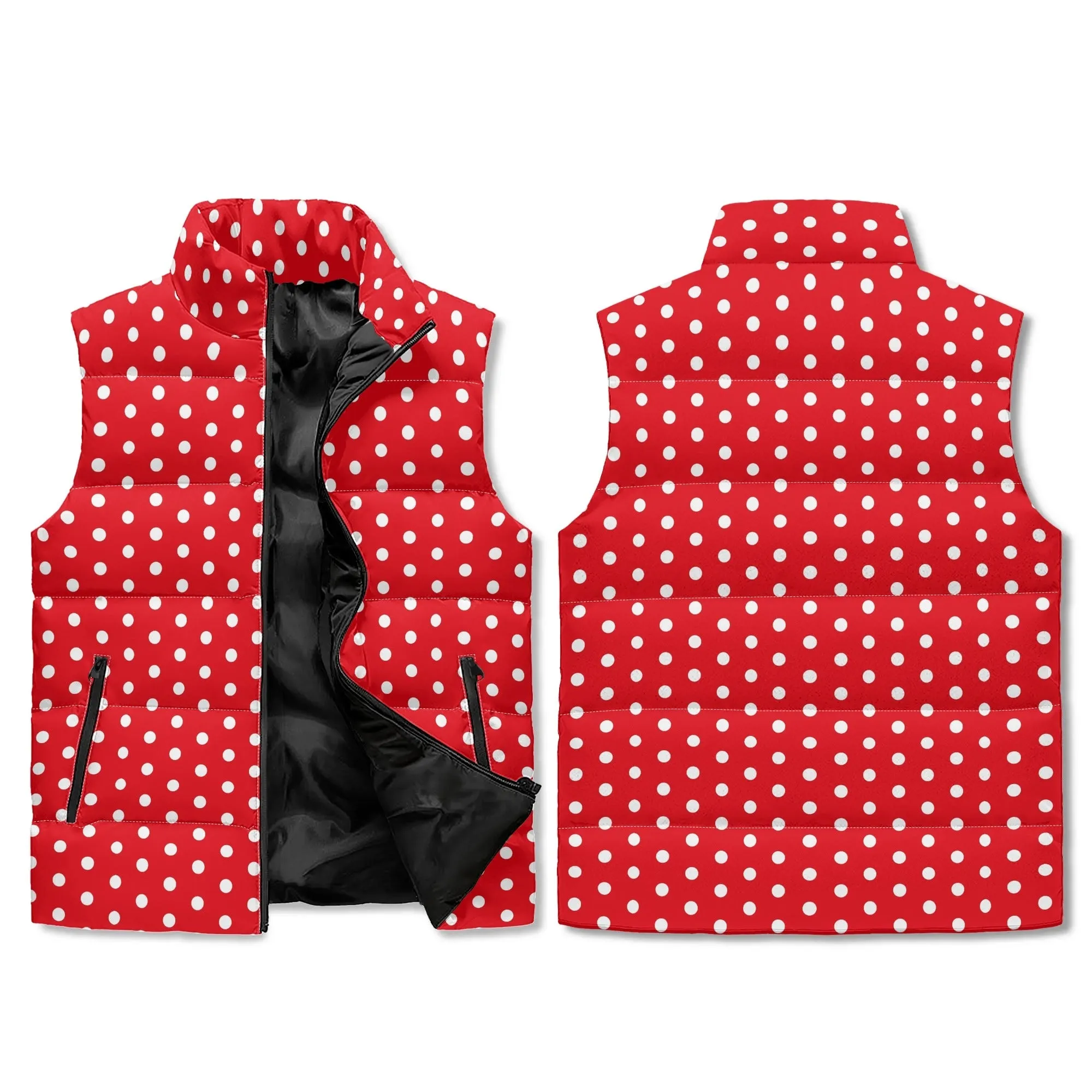 Title: Unisex Retro Red Polka Dot Puffer Vest | 80s-Inspired Quilted Sleeveless Winter Jacket