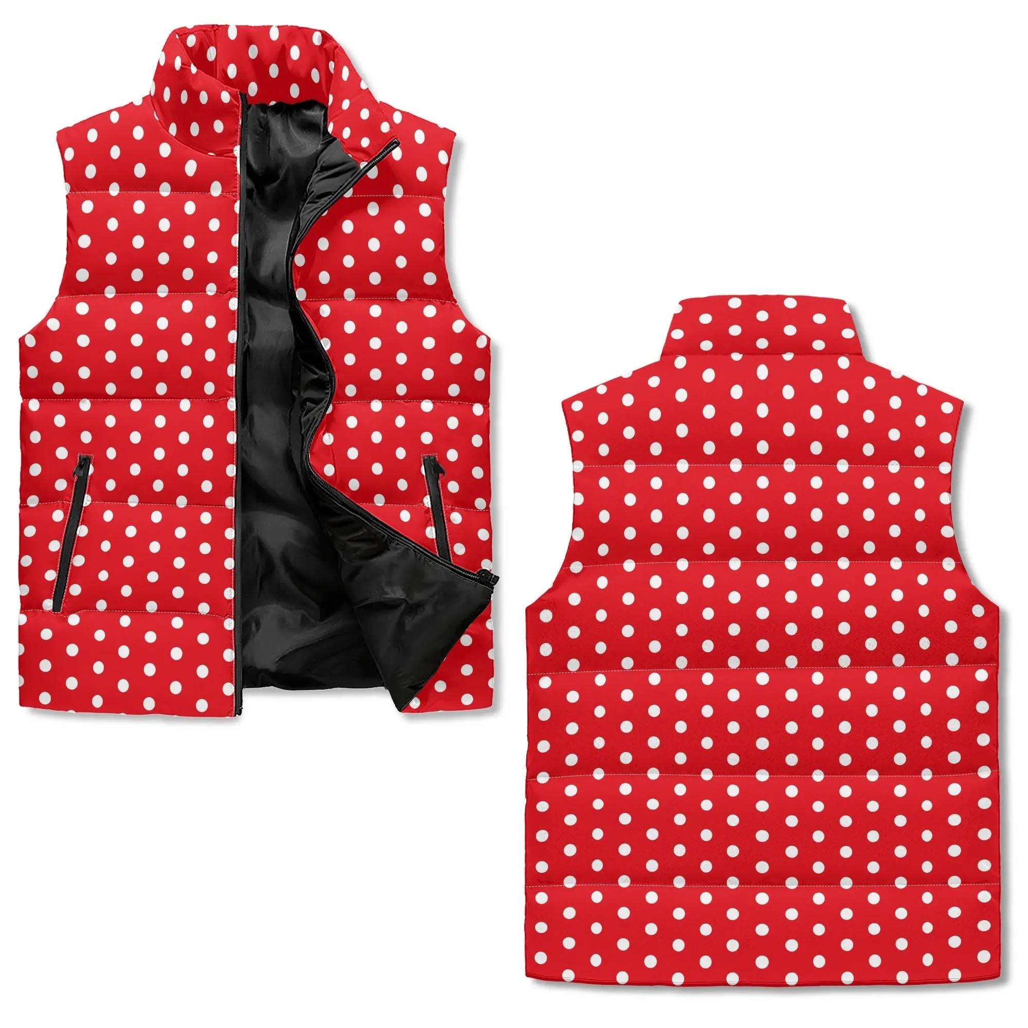 Title: Unisex Retro Red Polka Dot Puffer Vest | 80s-Inspired Quilted Sleeveless Winter Jacket