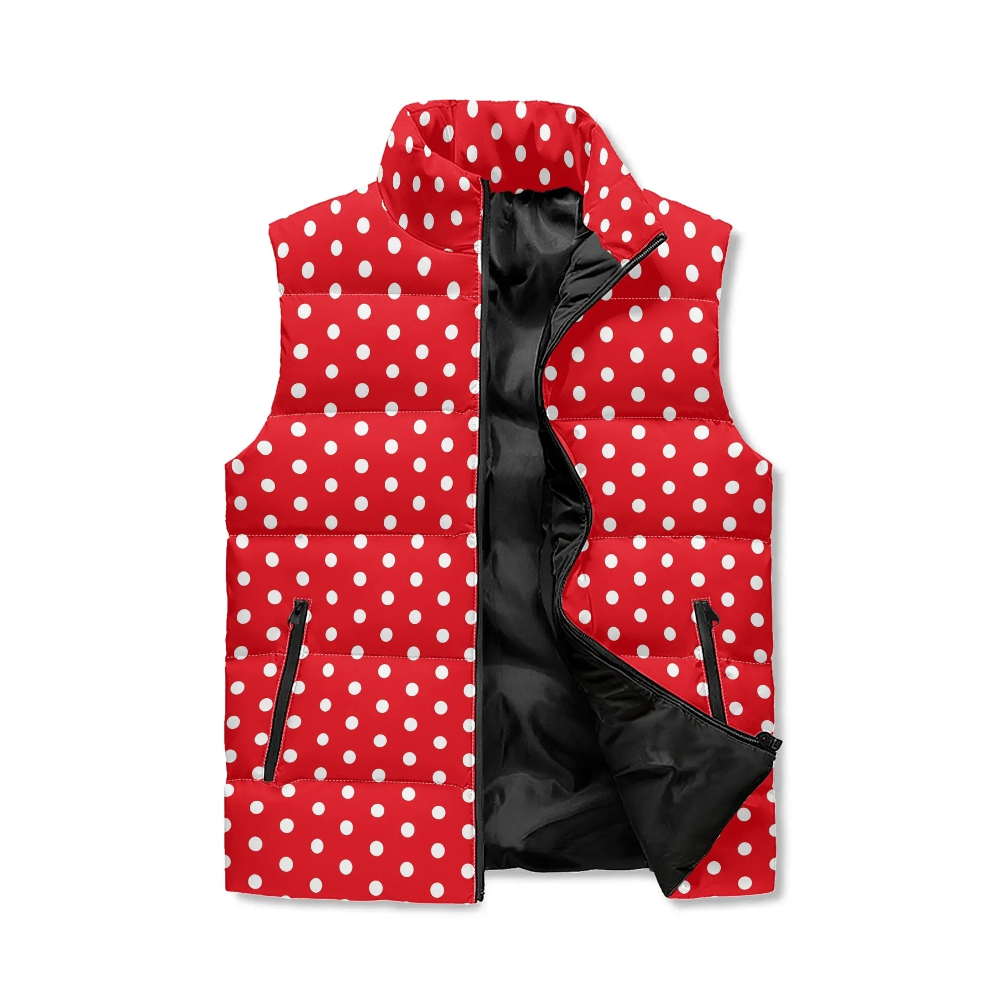 Title: Unisex Retro Red Polka Dot Puffer Vest | 80s-Inspired Quilted Sleeveless Winter Jacket