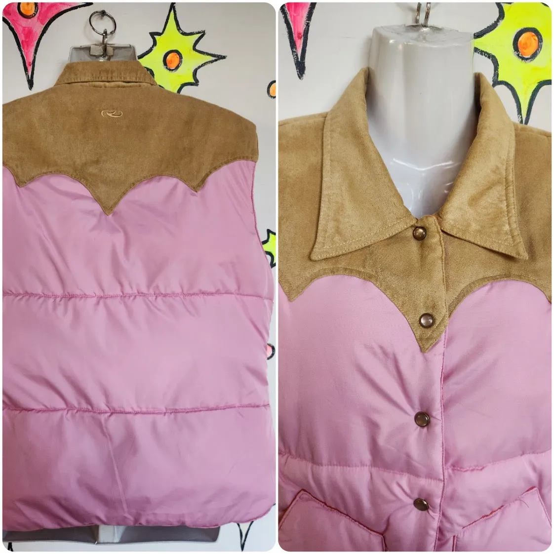 Vintage Y2K Reversible Western Gilet Pink Emo Fairy Grunge Puffer Puff Vest L