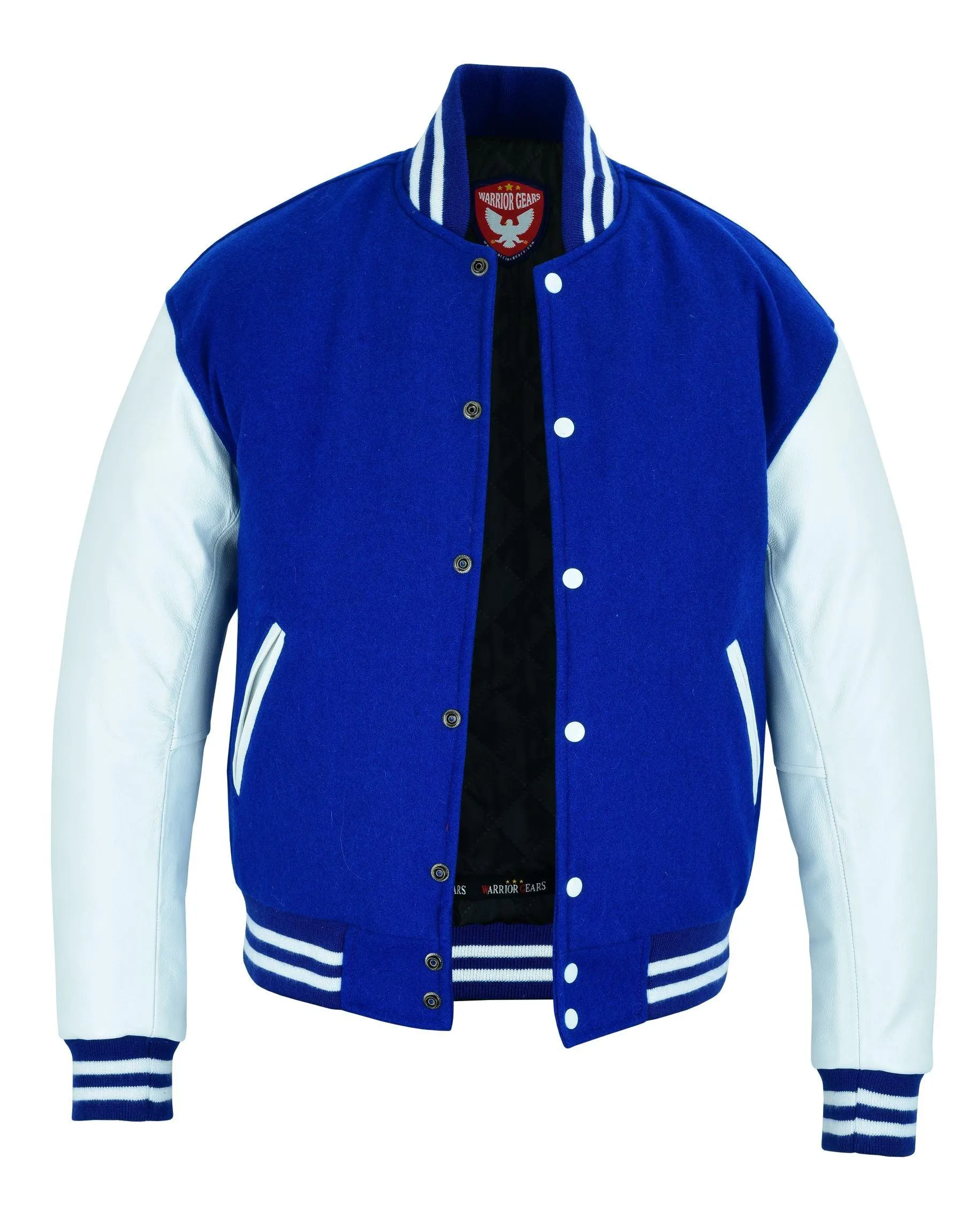 Warrior Gears Classic Hybrid Varsity Jacket for Kids, Toddler Letterman Bomber Jacket for Boys, Unisex Varsity Jacket Girls Blue Pure Wool Body & White Cowhide Leather Sleeves