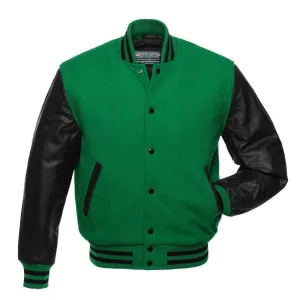 Warrior Gears Classic Hybrid Varsity Jacket for Kids, Toddler Letterman Bomber Jacket for Boys, Unisex Varsity Jacket Girls, Green Pure Wool Body & Black Cowhide Leather Sleeves