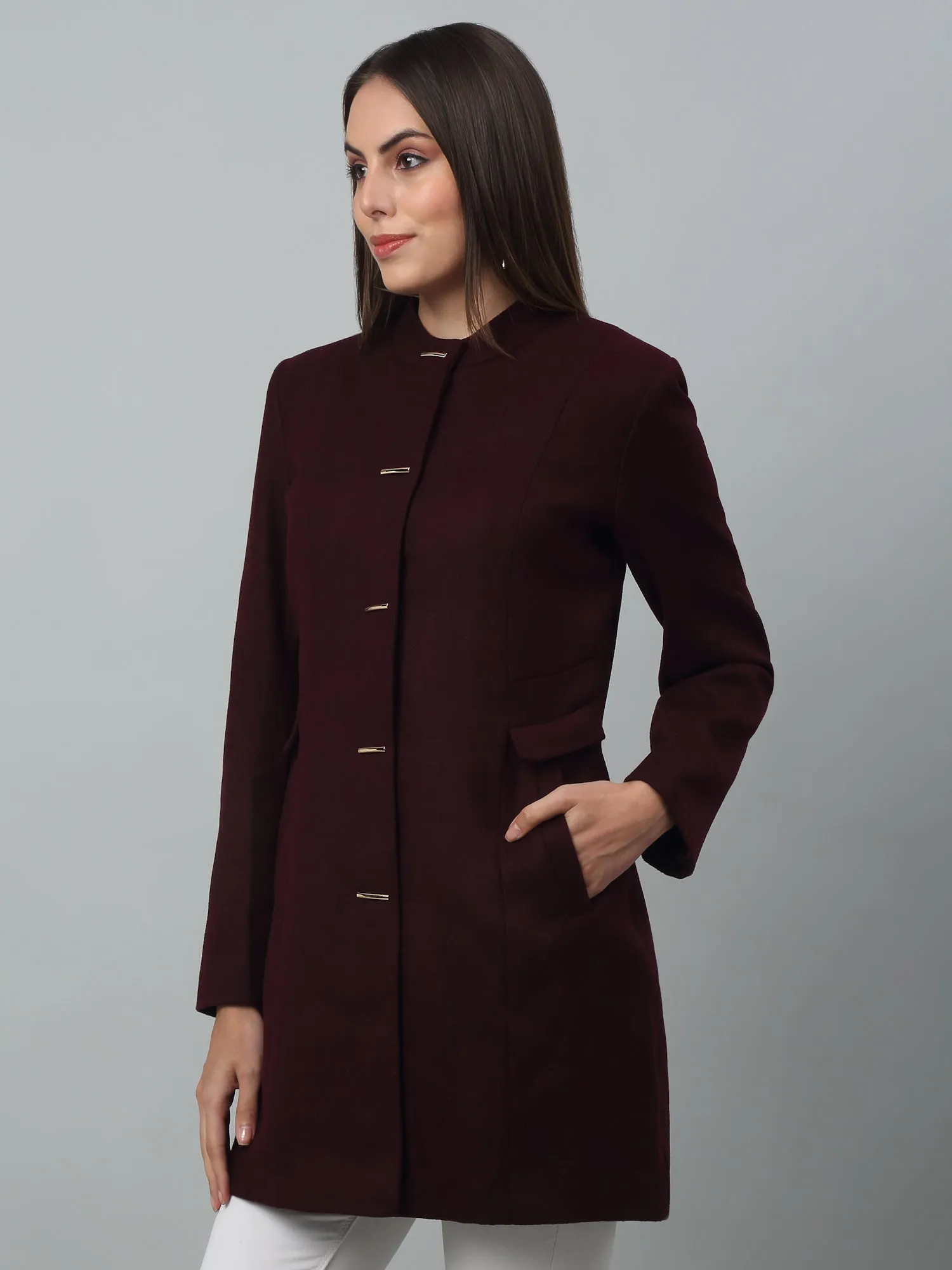 Women's Casual  Burgundy Single breasted  Stand Collar Long Coat