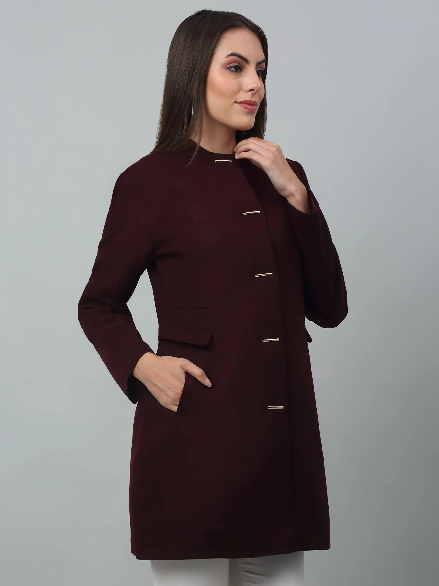 Women's Casual  Burgundy Single breasted  Stand Collar Long Coat