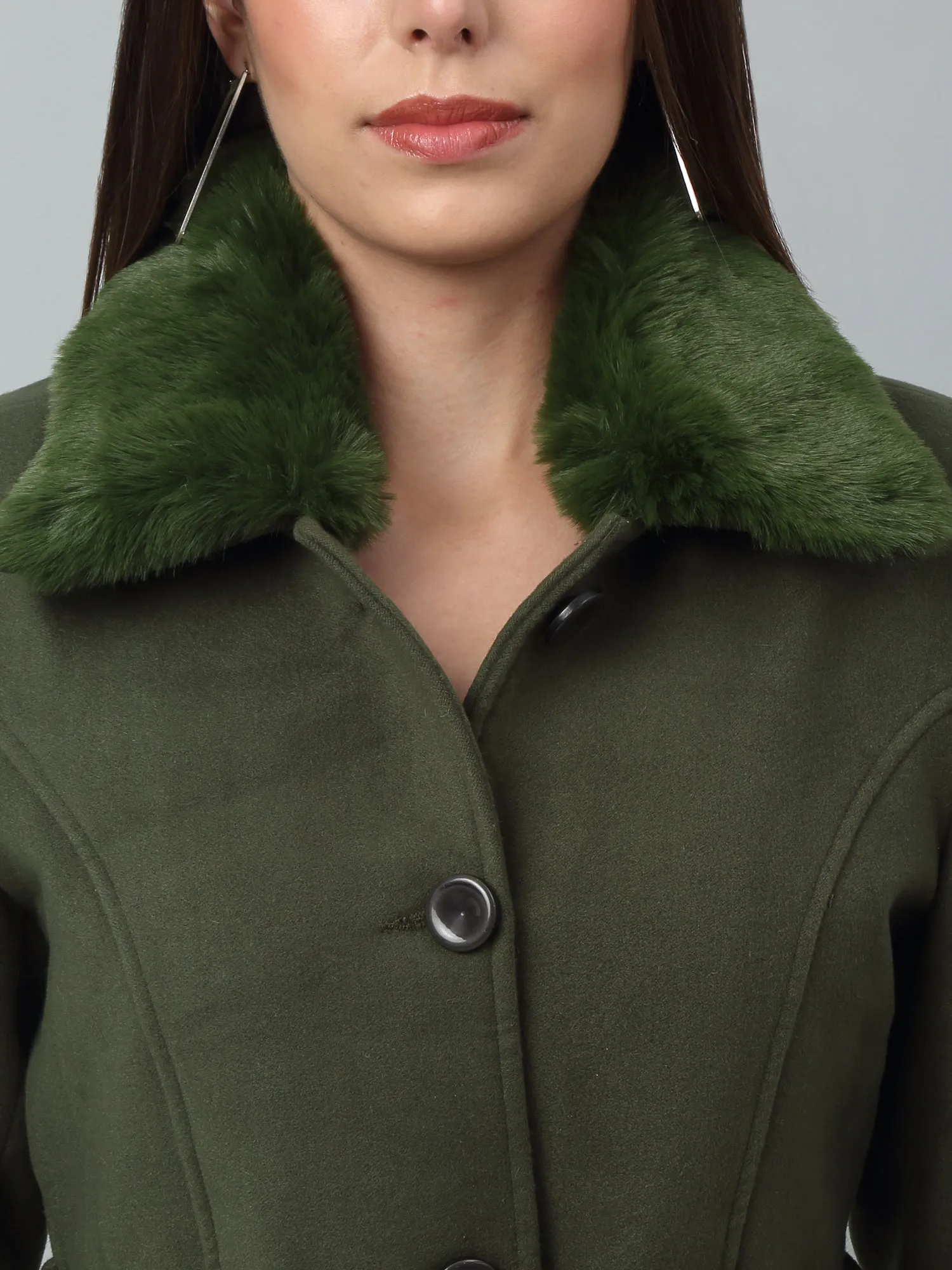 Women's Casual  Green Single breasted  Faux Fur Spread Collar Long Coat