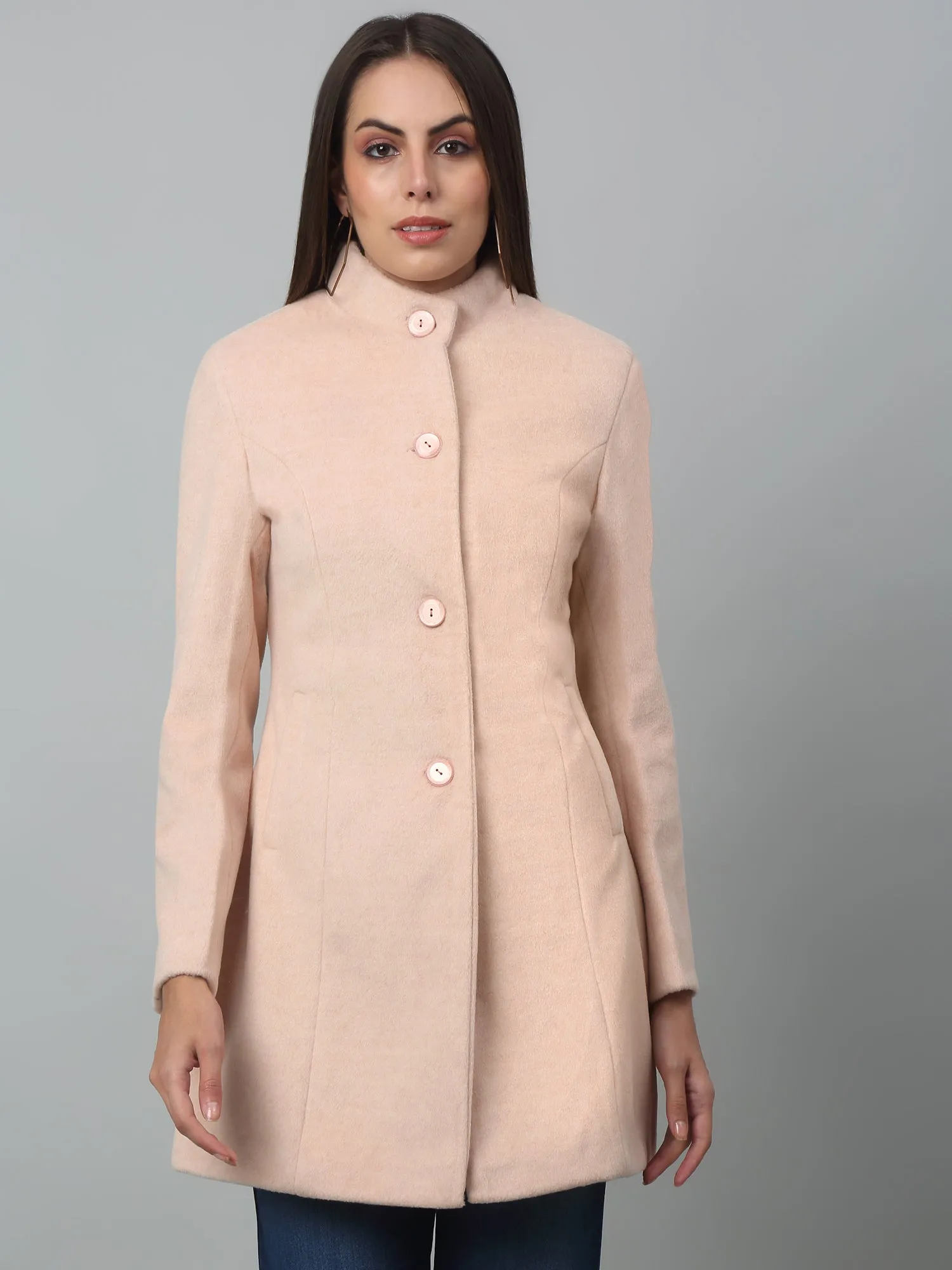 Women's Casual  Pink Single breasted  Stand Collar Long Coat