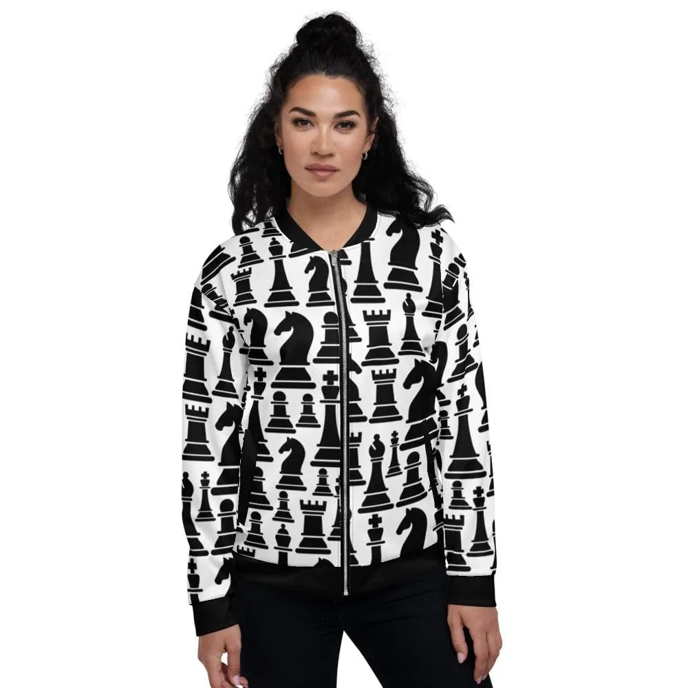 Womens Jacket - Black and White Chess Style Bomber Jacket