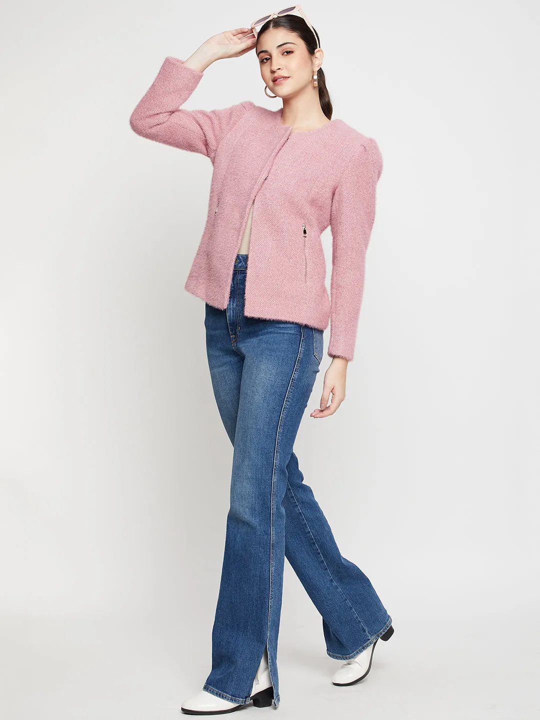 Women's   Pink Single breasted  Round neck  Blazer