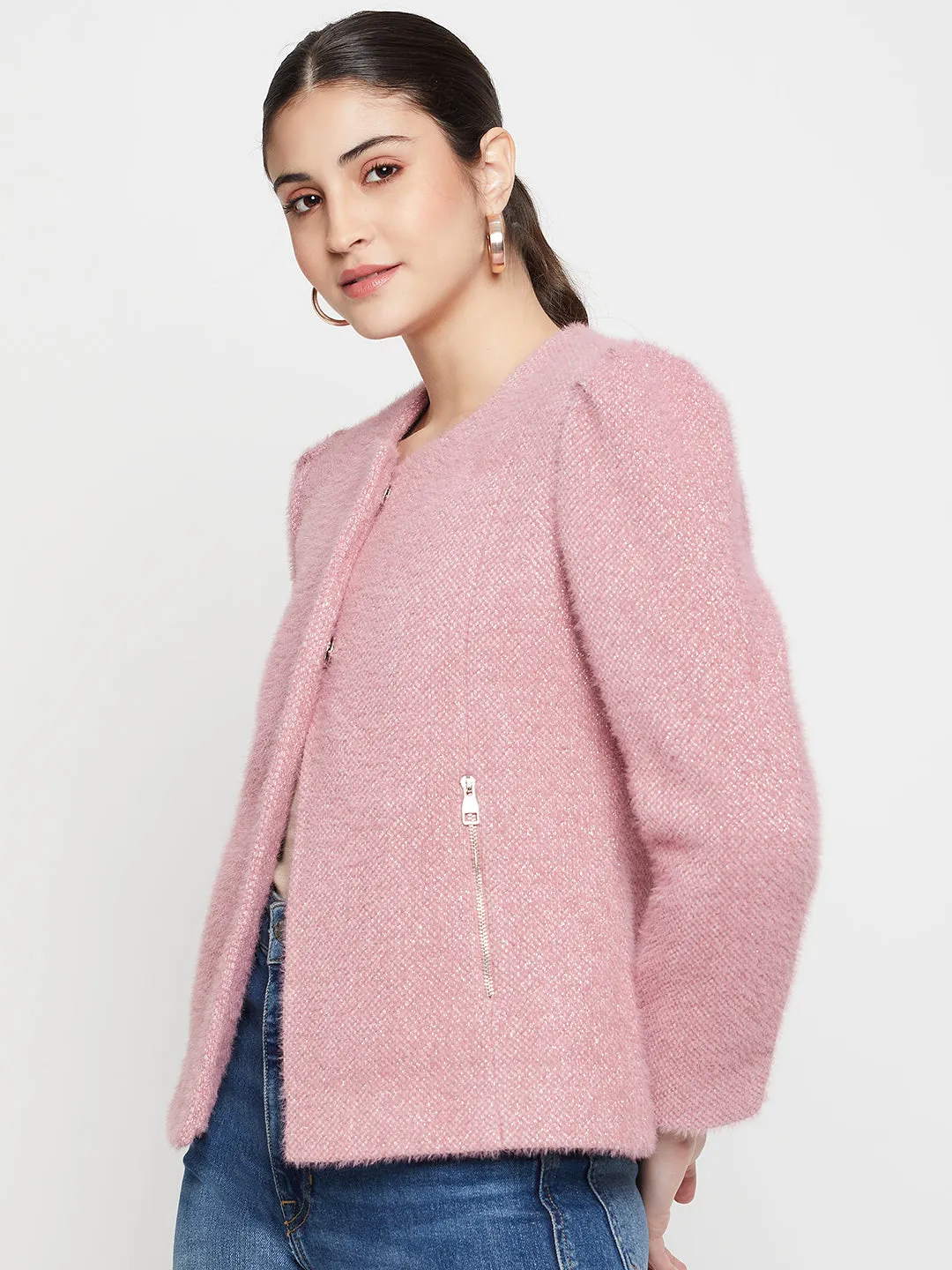 Women's   Pink Single breasted  Round neck  Blazer