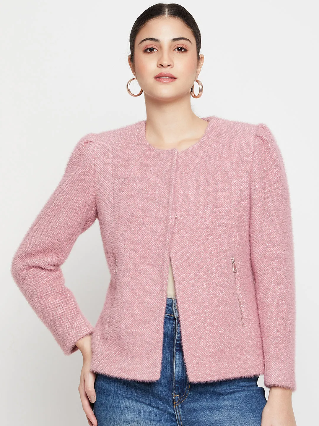 Women's   Pink Single breasted  Round neck  Blazer