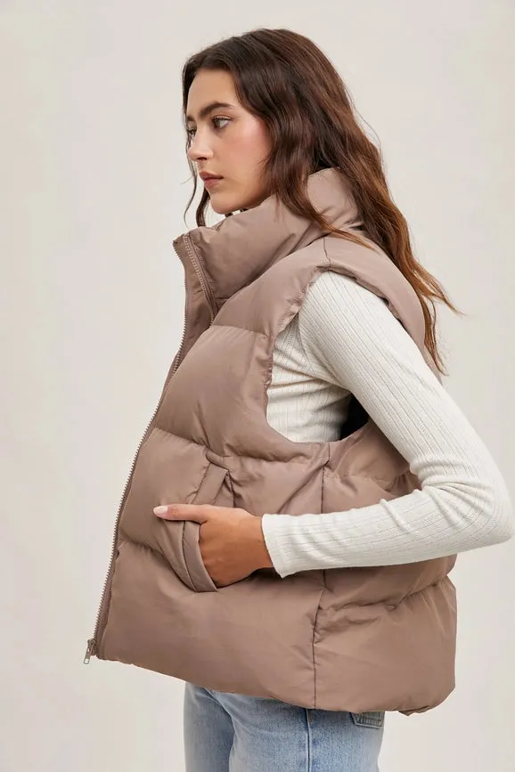 Zipper Front Puffer Vest MUSHROOM