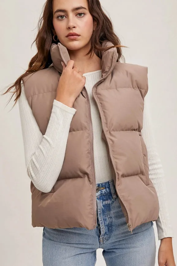 Zipper Front Puffer Vest MUSHROOM