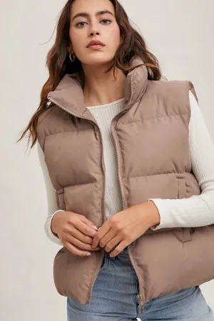 Zipper Front Puffer Vest MUSHROOM