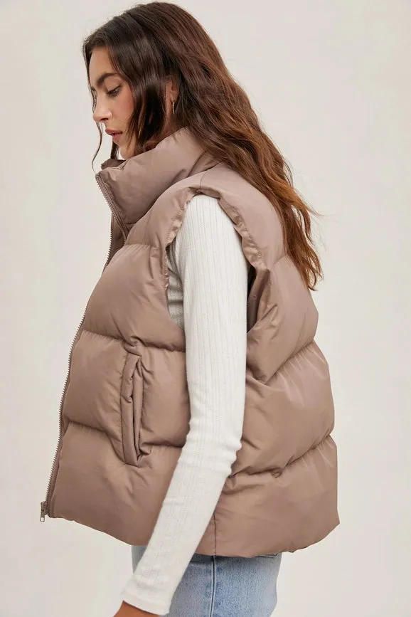 Zipper Front Puffer Vest MUSHROOM