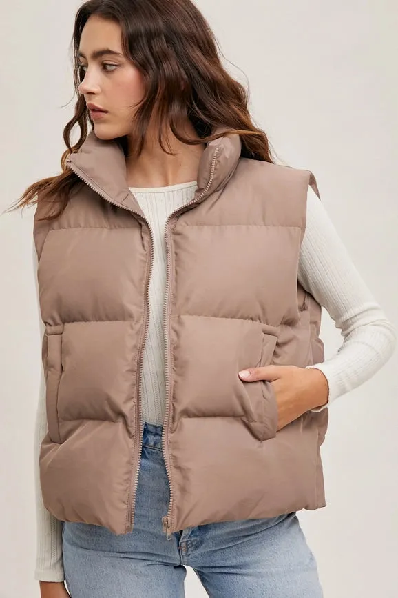 Zipper Front Puffer Vest MUSHROOM