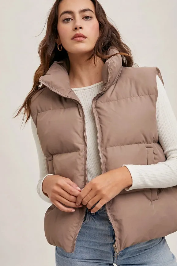 Zipper Front Puffer Vest MUSHROOM